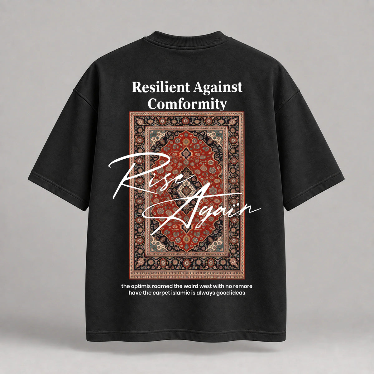 KIFL Rise Again oversized tee in black – back print with Persian-style carpet and white script