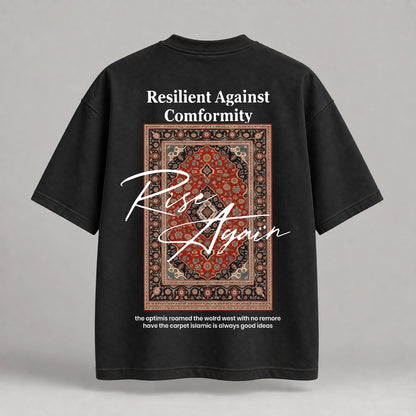 KIFL Rise Again oversized tee in black – back print with Persian-style carpet and white script