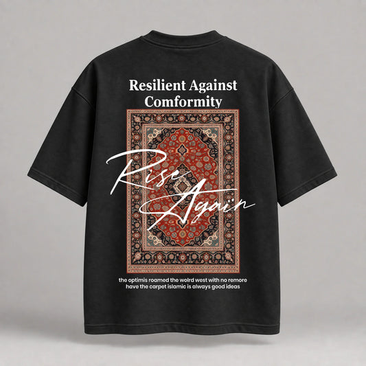 KIFL Rise Again oversized tee in black – back print with Persian-style carpet and white script