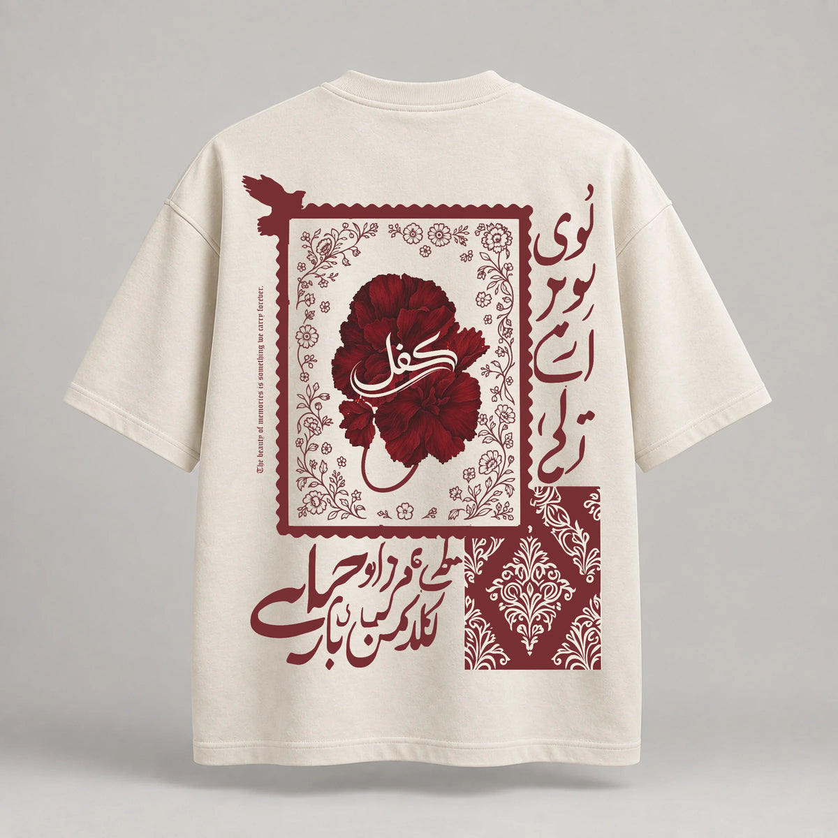 KIFL Urdu Floral oversized tee in ivory – back print with red flower, Urdu calligraphy and damask panel